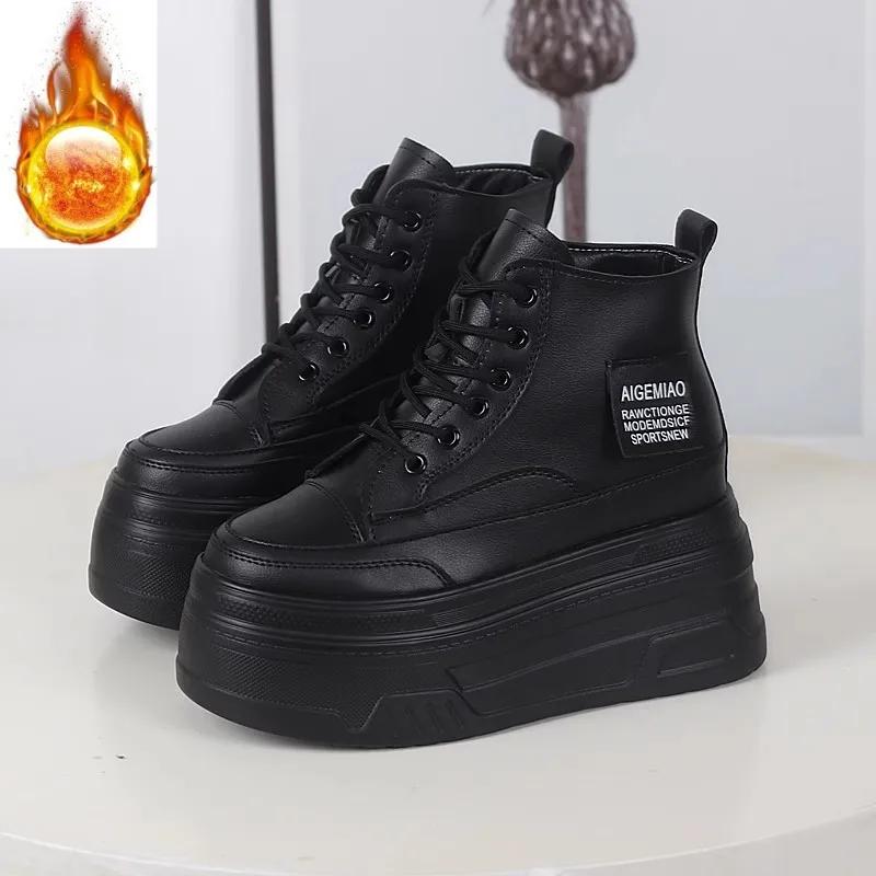 Fashion 12CM Genuine Leather Women Casual White Platform Wedge Skateboard Hidden Heel Shoes Shoes Vulcanize plush Chunky Sneakers