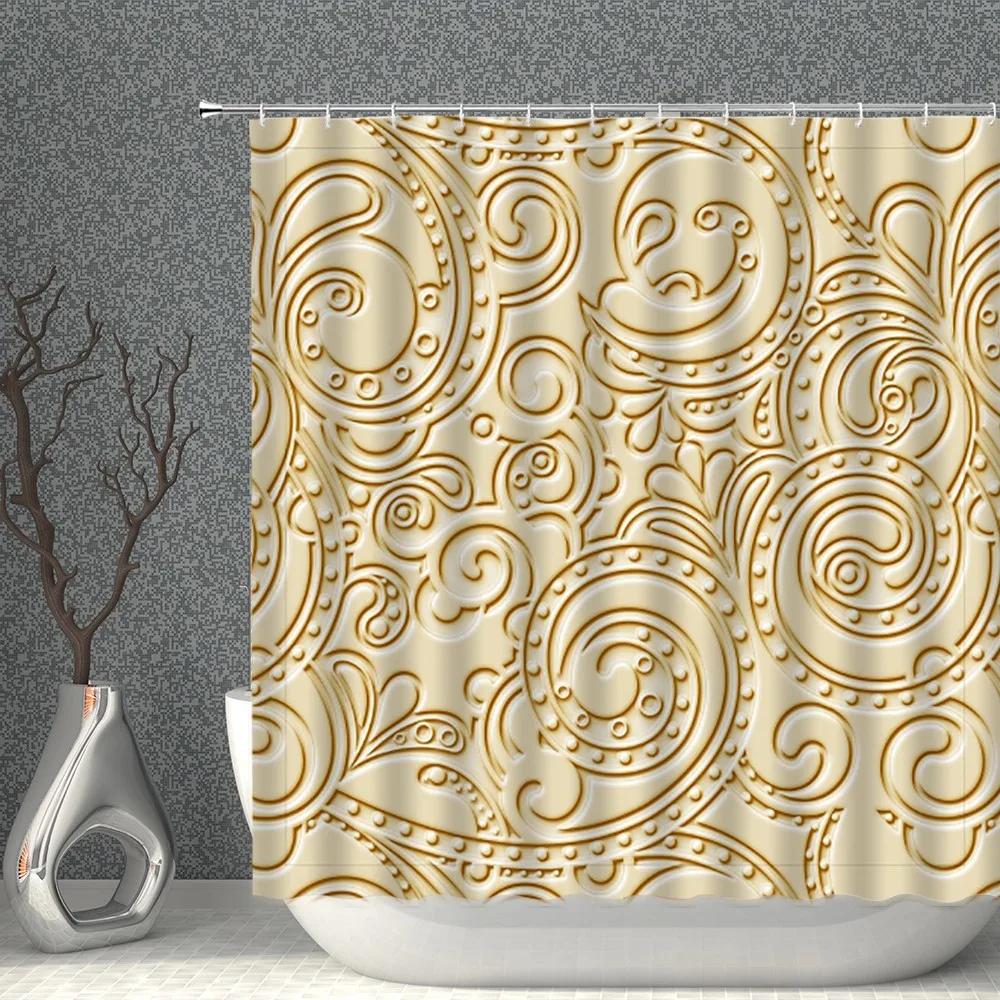 Straw Weave Shower Curtains Waterproof Wood Grain Stone Pattern Golden Cloth Bath Curtain Set Multi-size Screen For Bathroom