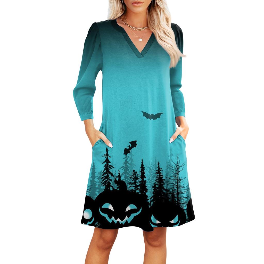 Damenmode V-Ausschnitt Lässiges Strandkleid Dreiviertelärmel Halloween-Print Kleid