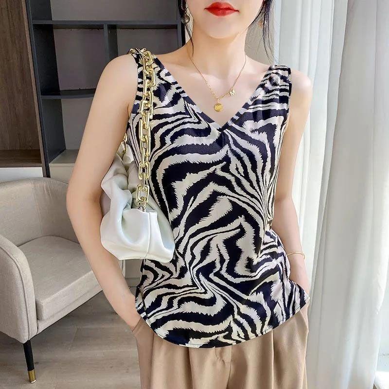 

Топ на бретелях с леопардовым принтом, элегантный дизайн без рукавов, свободный летний женский топ без рукавов с v-образным вырезом, одежда 4XL белый/чёрный