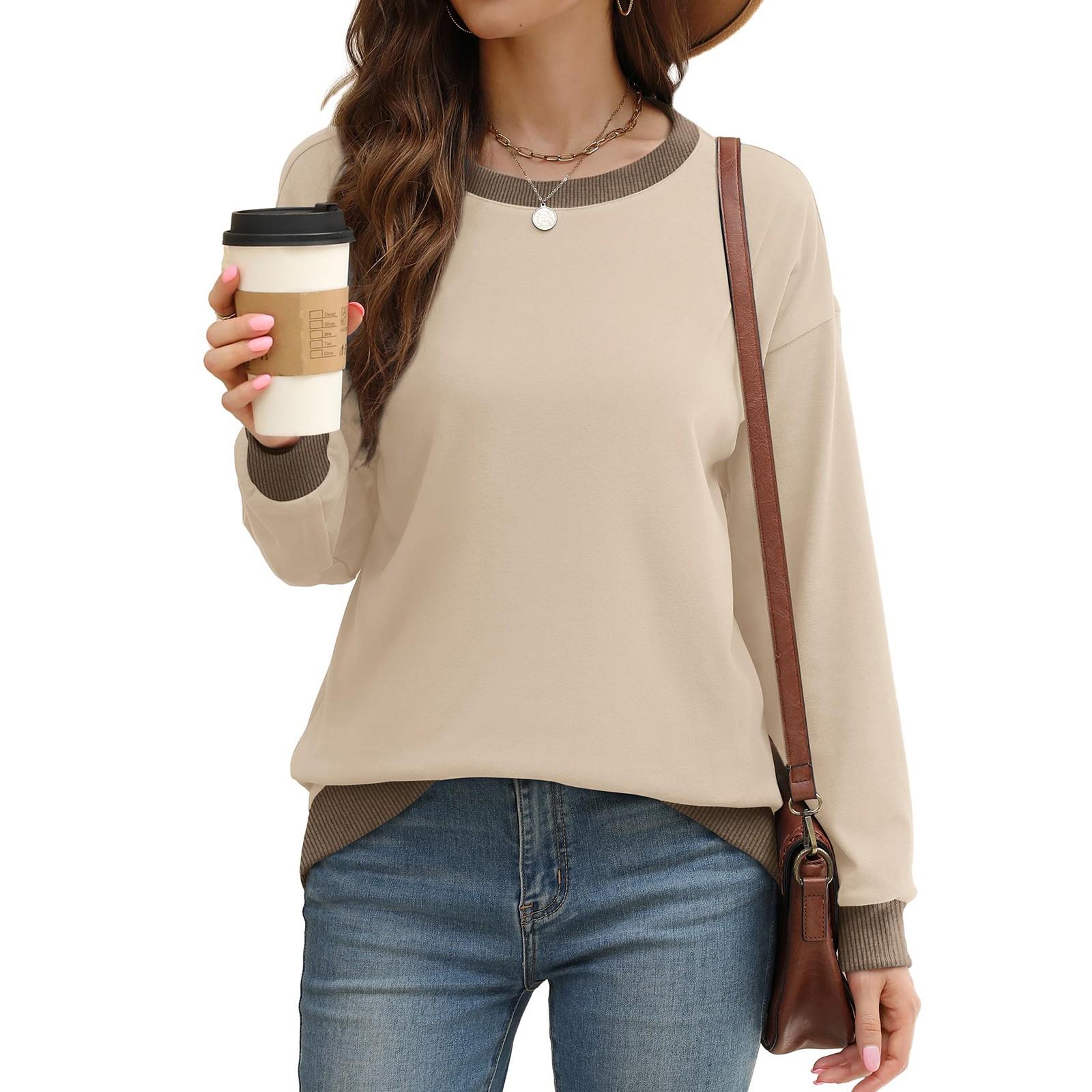 

Женская весенняя и спортивная рубашка с круглым вырезом и длинным рукавом, свободный топ с цветными блоками и ребристым краем, модная S хаки