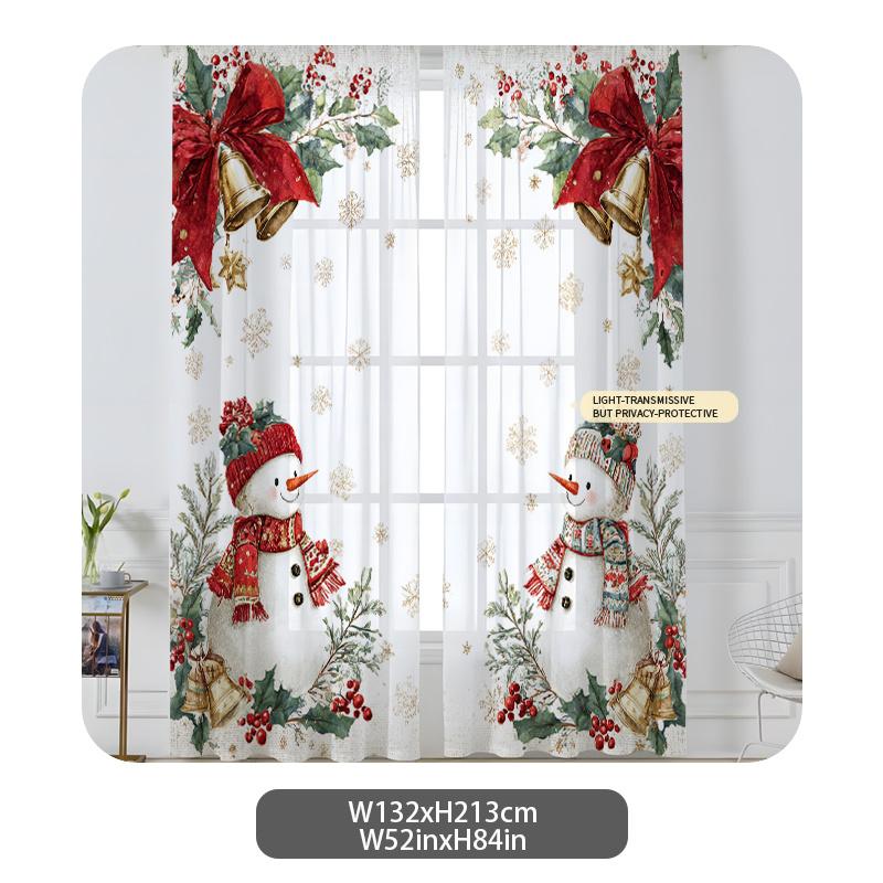 2PCS Christmas Winter Sheer Curtains, Snowman Bell Holly, Digital Print, Bedroom Living Room, Rod Pocket Polyester Home Decor