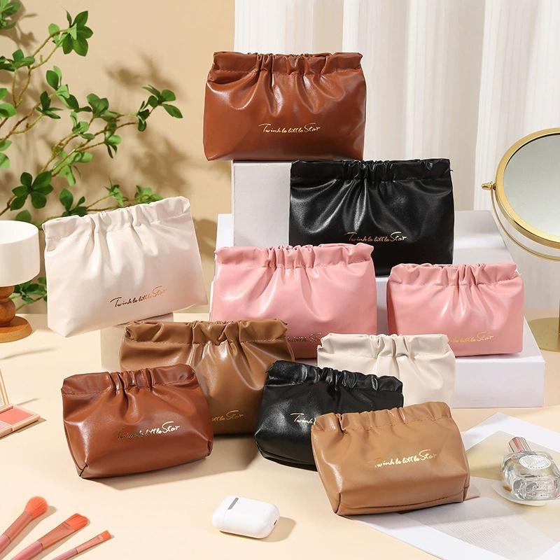 PU Storage Bag Travel Makeup Bag, Vegan Leather Cosmetic Pouch for Purse, Wide-open Toiletry Organizer with Zipper for Women