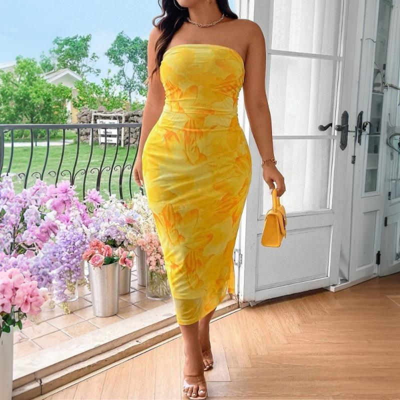 Plus Size Women Sexy Floral Printed Off Shoulder Strapless Long Bodycon Dress