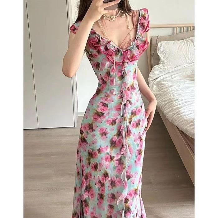 French ruffle leaf edge rose floral V-neck dress women s summer new high-end temperament slim and thin medium and long dress S