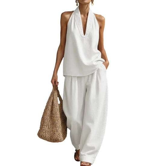 Halter Denim Set for Women Sleeveless Tank Top And Wide Leg Pants Lounge Sets Summer Casual Two Piece Outfits with Pockets