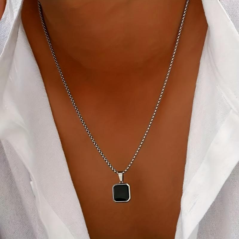 Gold Plated Stainless Steel Black Square Pendant Box Chain Necklace