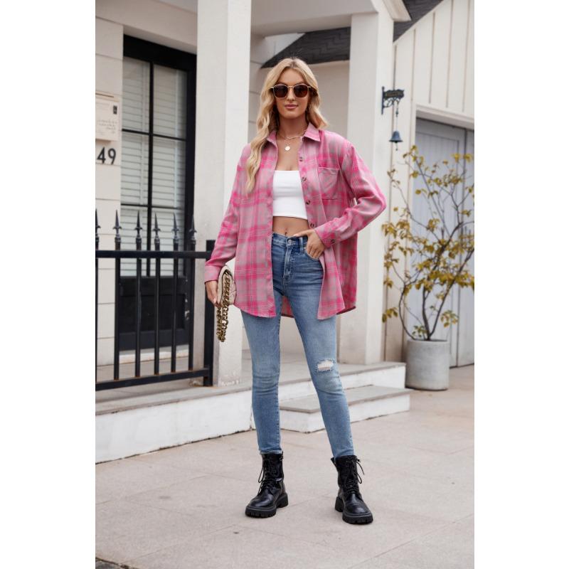 Vår og høst for kvinner Uformelt mote Spice Girls Løs rutete skjorte