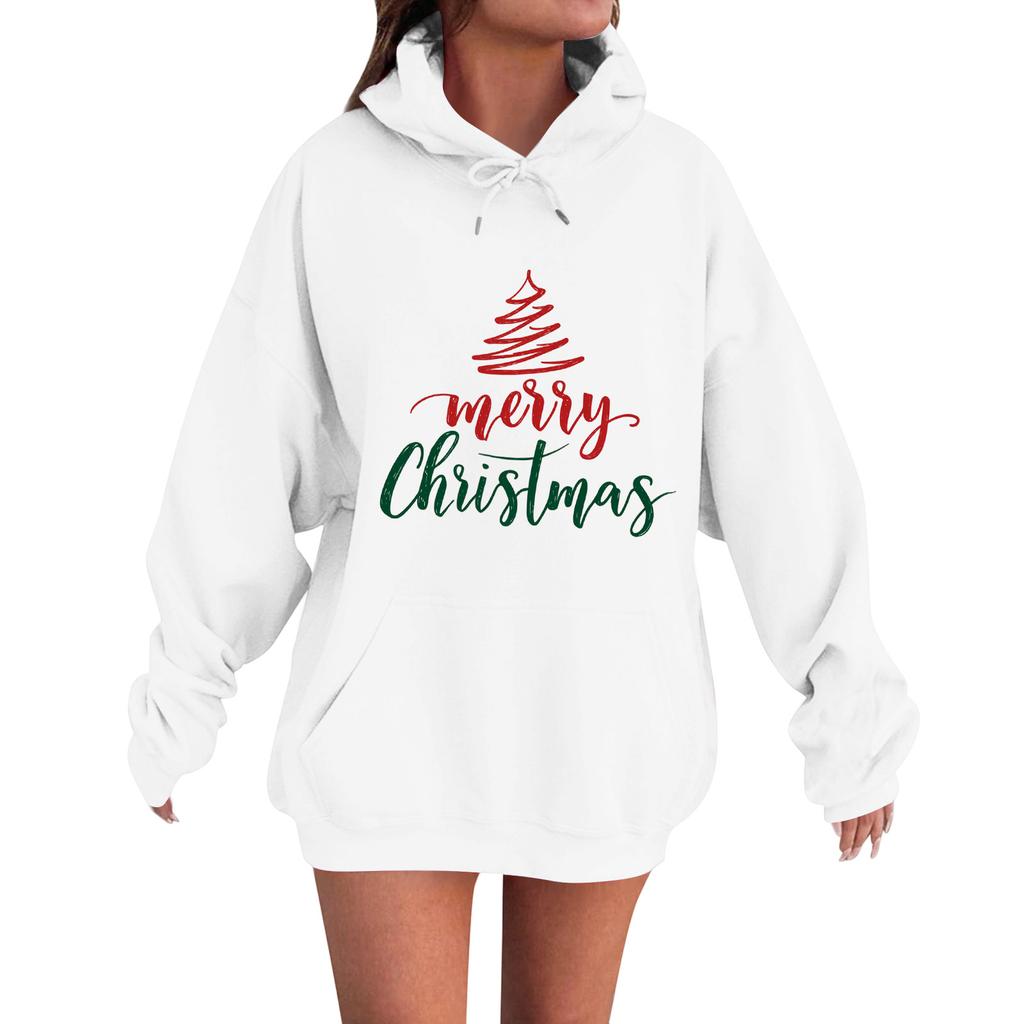 Women's Fashion Casual Long Sleeve Loose Christmas Print Hooded Sweatshirt