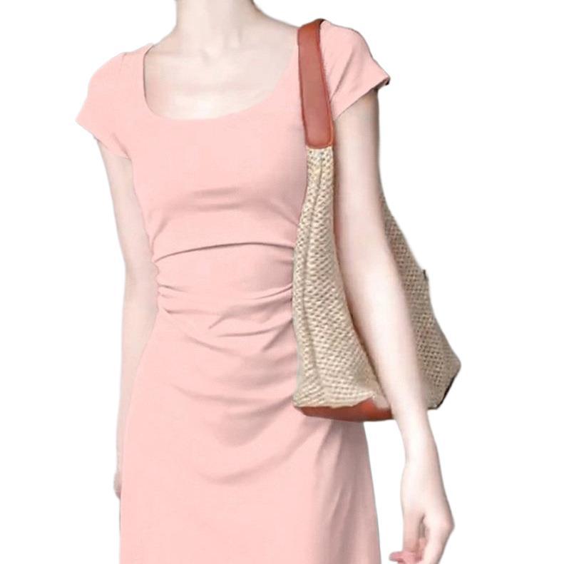 Casual Simple Style Solid Color U-neck Dress Women's Slightly Fat Long Dress Little Mother Waist Hip Skirt Summer Wholesale