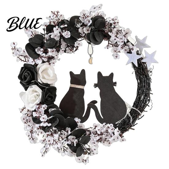 Halloween Store Decoration Lights Floral Garland with String Lights Black Cat Silhouette Door Wreath Wreath for Front Indoor Outdoor Wall