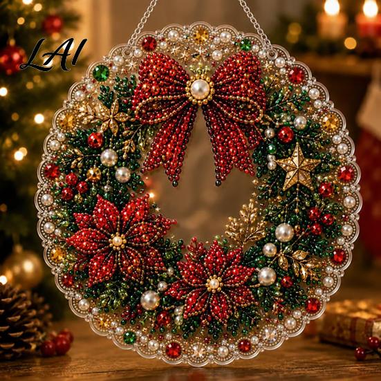 Decorative Ornaments for Garden Christmas DIY Faux Diamond Painting Hanging Santa Wreath Acrylic Pendant Pearl Holiday Celebration Party Supplies