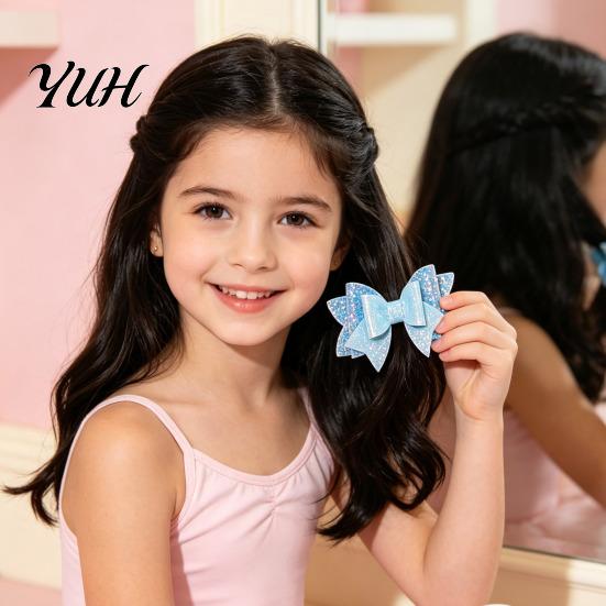 Fashion Hair Accessories Double Layered Glitter Bow Clip for Girls, Artificial Leather Barrettes, Party Non Slip Children Daily Wear & Kids