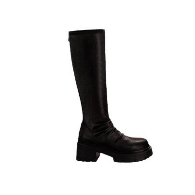 Cowhide Leather Thick-bottomed Pleated Pile Boots Women's Thick Heel Tall Boots Elastic Skinny Boots