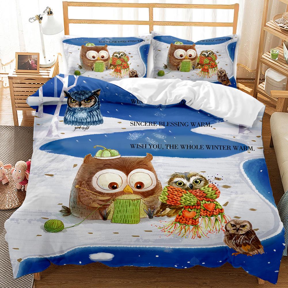 Cartoon Owl Child Duvet Cover Set,Mysterious Forest Retro Boho Design Bedding Set With 2 Pillow Shams, Queen/King/Full/Twin Size
