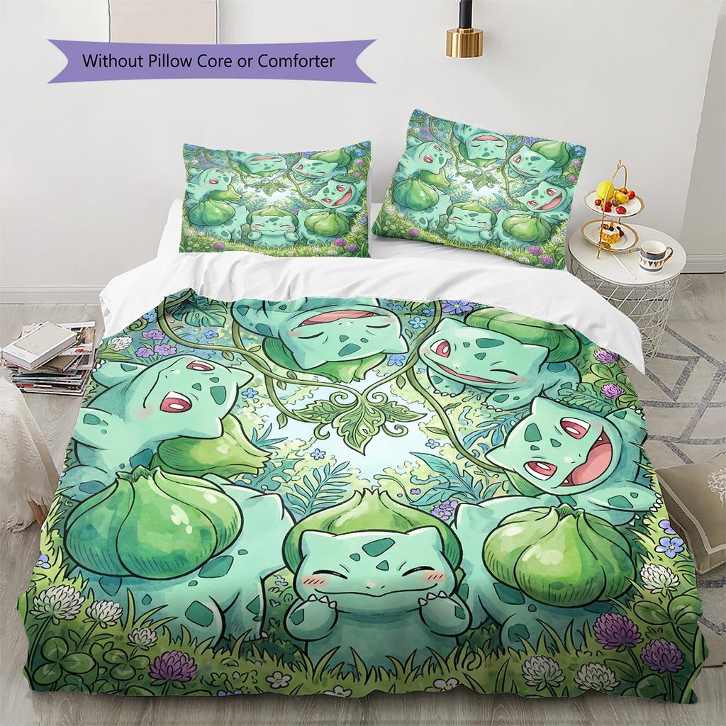 Bulbasaur Pattern Bedding Quilt Set Quilt Cover Pillowcase Home Decoration Birthday Gift (1 * Duvet Cover + 2 * Pillowcase, Without Core)