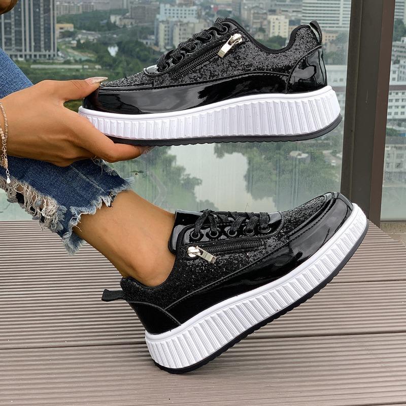 Spring and Autumn Trend Platform Casual Shoes New Glossy Fashion Sports Women's Shoes Low-top Lace-up Flat-soled Single Shoes