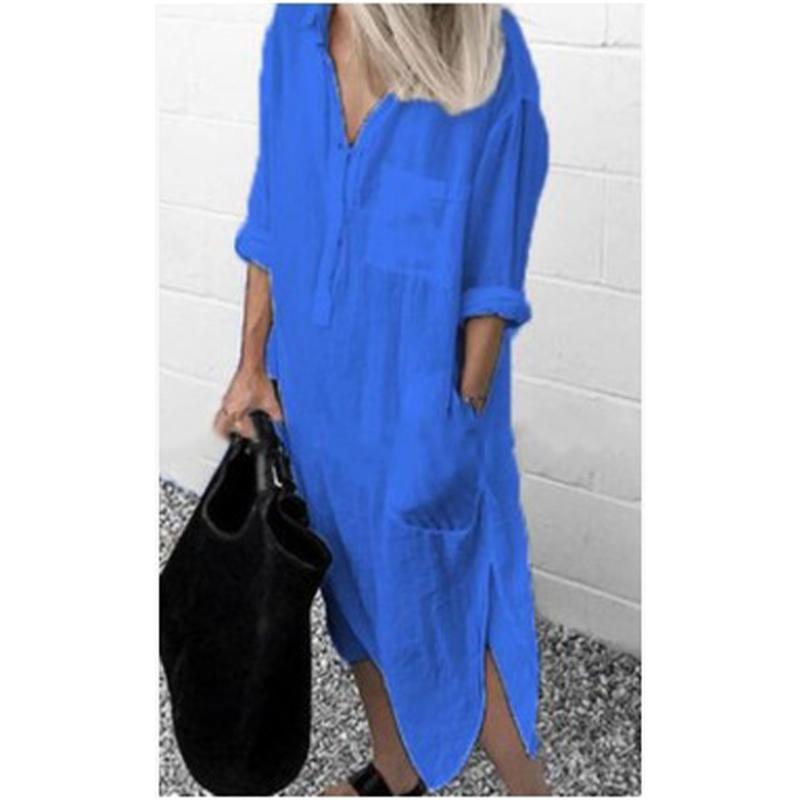 

Платье на пуговицах в стиле бохо для женщин больших размеров - летняя туника из хлопковой смеси с V-образным вырезом и закатанными рукавами 2024 года, длина миди для пляжного и уличного использования 5XL синий