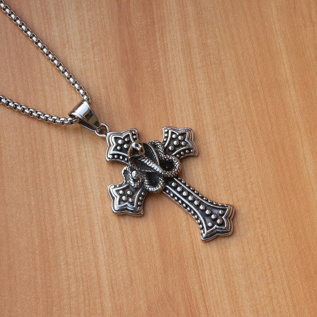 Hip Hop Cobra Cross Necklace Men s Trendy Retro Personality European and American Rock Men s Pendant 50CM(Necklace Size)