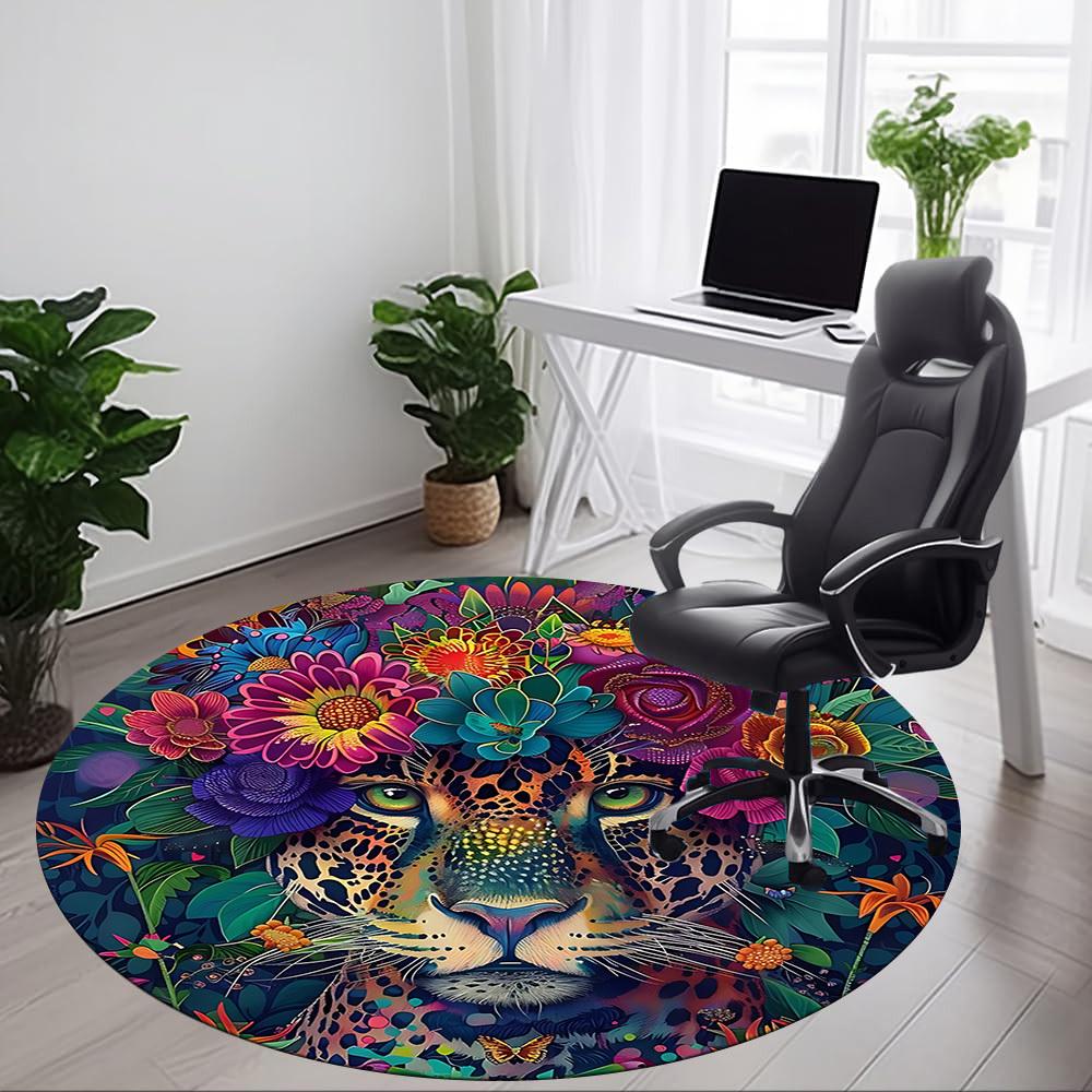 1 Stück Floraler Leopardenmuster Stuhlteppich für das Büro, Runder Rutschfester Langlebiger Großer Büroteppich, Geeignet für das Büro