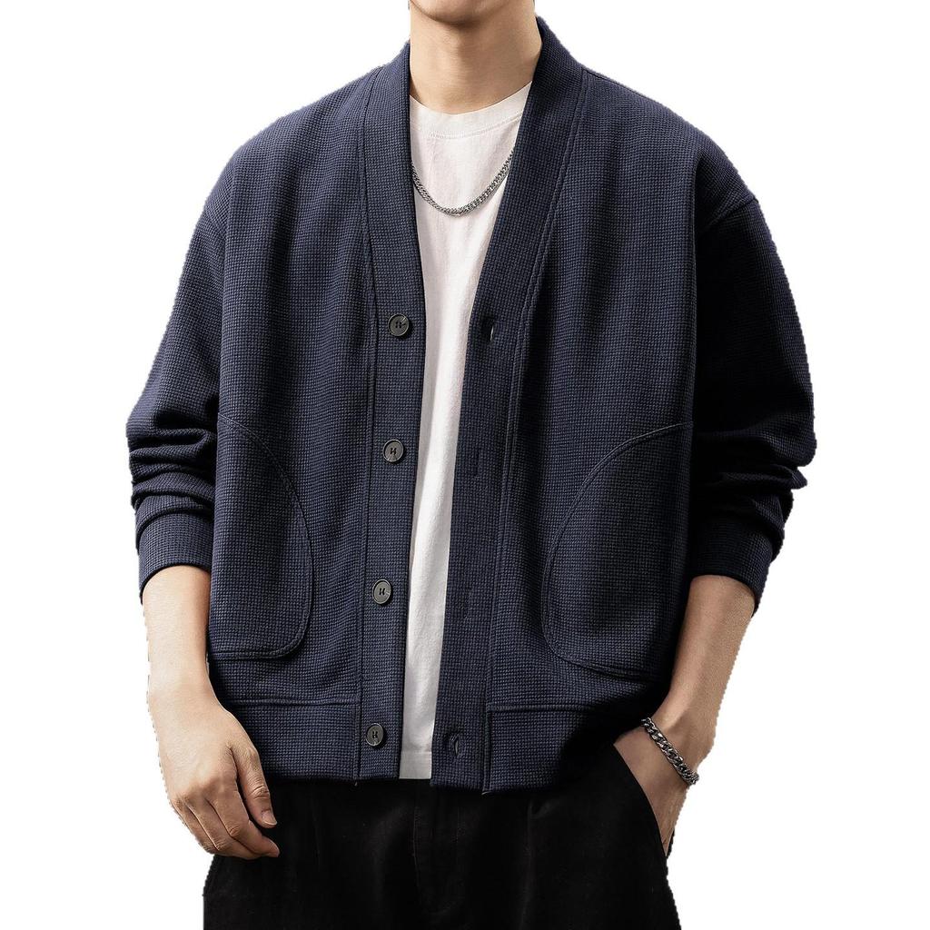 2025 Men's Japanese Retro Waffle Knit Hoodie - Winter Casual Fashion Long Sleeve Jacket