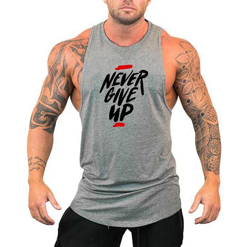 Muscleguys NEVER GIVE UP Mens Running Vests Summer Cotton Gym Tank Tops Bodybuilding Fitness Training Exercise Clothing Muscle Singlets