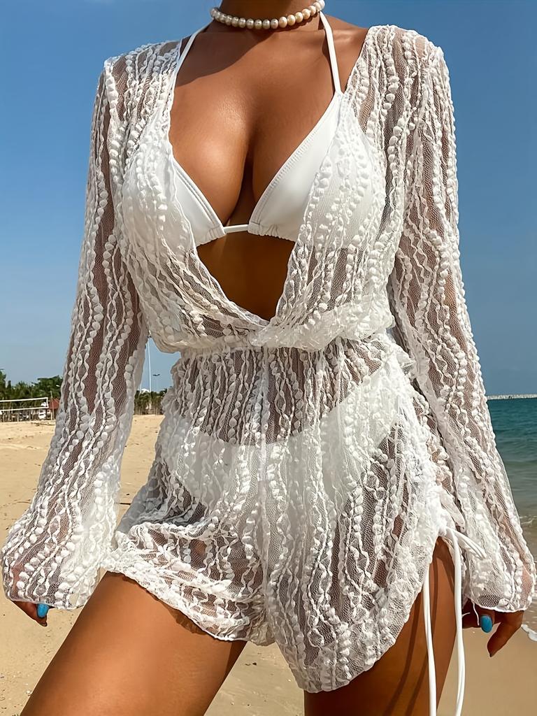 1pc of Drawstring Tied Hollow V-neck Dress, Short Sleeved Summer Vacation Skirt, Women's Beachwear