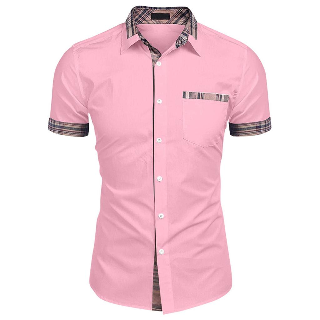Men's Casual Short Sleeve Shirt Button Down with Plaid Trim Collar and Pocket Detail Lightweight Breathable Summer Shirt for Everyday Wear