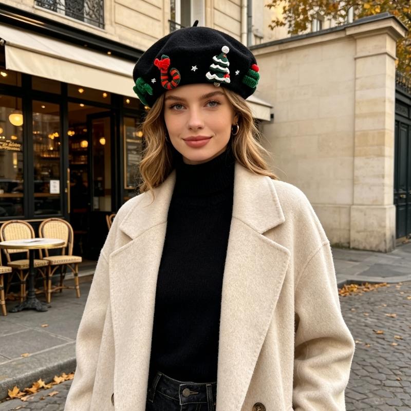 Christmas Beret Hat for Women and Girl, Brimless, Soft Warm Painters Hat, Headwear for Festival, Holiday Photoshoots and Seasonal Party Decoration