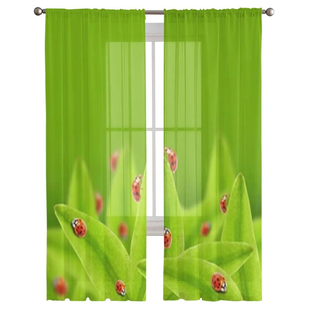 Ladybugs On A Green Tea Leaves Sheer Curtains Bedroom Voile Curtain Living Room Window Sheer Curtains Kitchen Tulle Drapes
