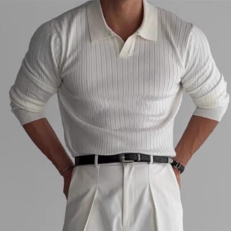 Jaro a podzim Nové pánské jednobarevné žebrované strečové pulovry s klopou Slim pletené tričko