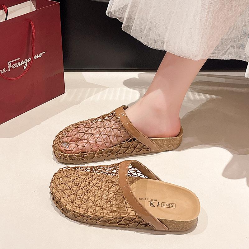Mesh woven bag head half slippers women's summer wear 2025 new French skirt cool slippers Roman sandals women