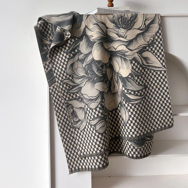 Imitation Cashmere Peony Artistic Sense Retro Style Texture Printing Double-sided Warm Scarf Shawl Woman