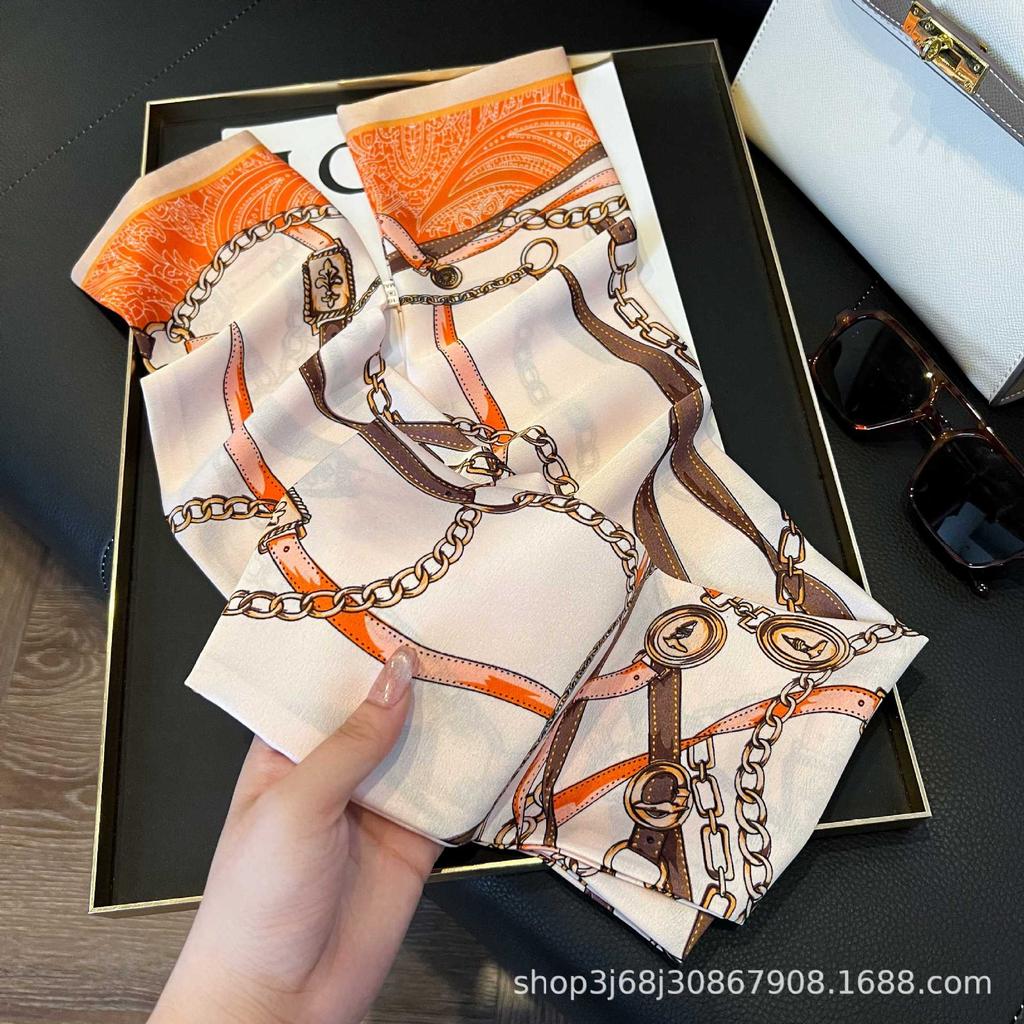 Long Silk Scarf Women's New Small Silk Scarf Printing Simulation Silk Tied Bag Streamer Explosion Sweet Little Scarf