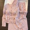 Korean Floral Cotton Pajama Set for Women with Chest Pads - Pink, Autumn 2025