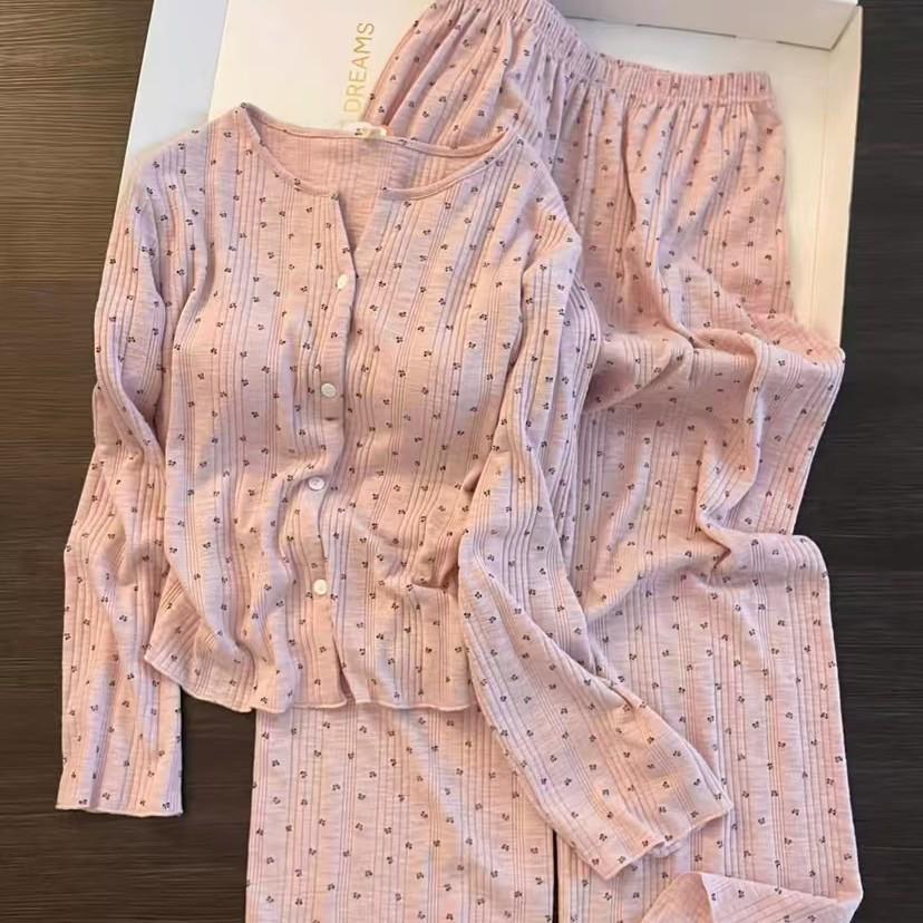 Korean Floral Cotton Pajama Set for Women with Chest Pads - Pink, Autumn 2025