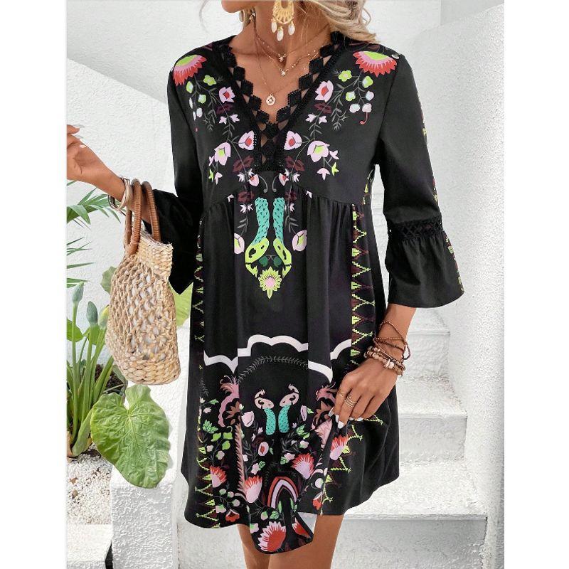 

2025 Lace Patchwork Casual Versatile Printed Dress Dress Black S