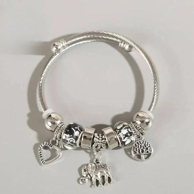 Obega Bracelet Charm Pendentif Éléphant Cœur Pour Femme Couleur Argent Brillant Alliage Perle Bracelet Manchette Style Simple Bijoux de Fête Ins