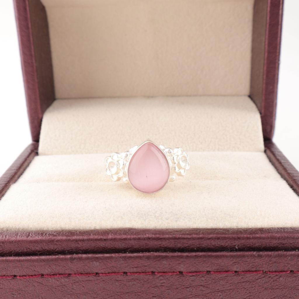 Pink Cat's Eye Gemstone 925 Stamped Silver Jewelry Handcrafted Fashionable Ring RR-59-42