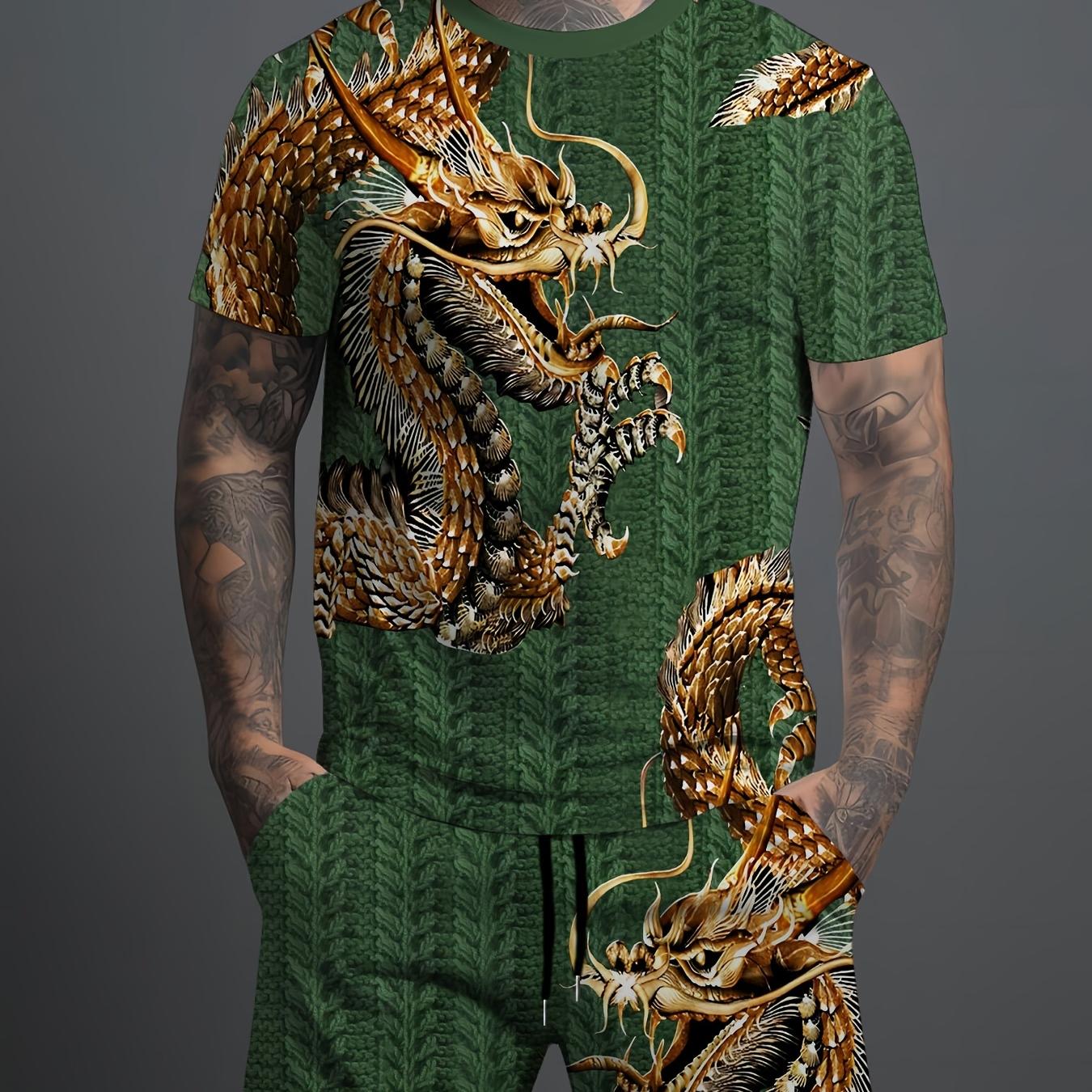 

Чоловічий комфортний набір із принтом дракона з 2 предметів – модна футболка з короткими рукавами та повсякденні шорти з кишеньковими шнурками для літнього вуличного одягу 6XL