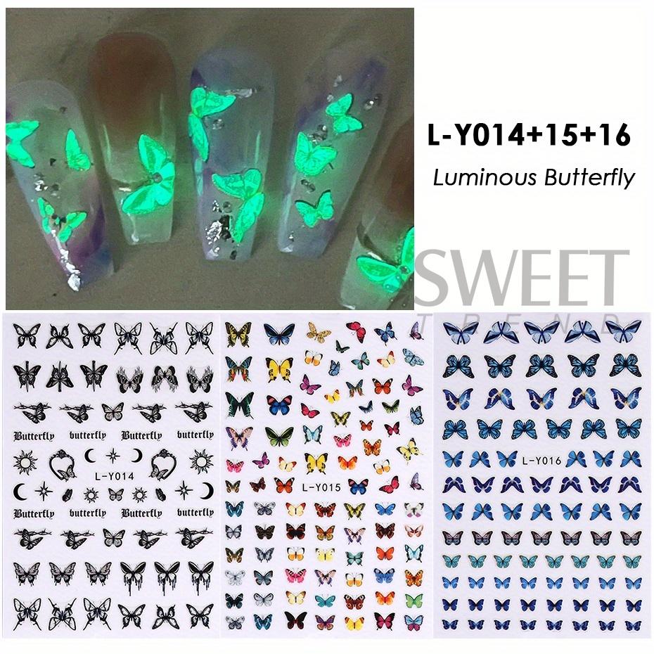 3pcs Luminous Butterfly Nail Decal Stickers Colorful Blue Butterfly Series Design Glow In The Dark Night Polish Sliders Manicure