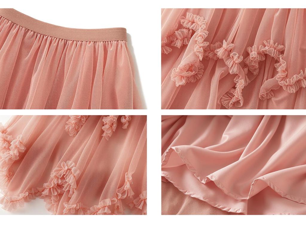 Women's Japanese Style Ruffle Mesh Midi Skirt - Fluffy Fairy Gauze with Wide Hem