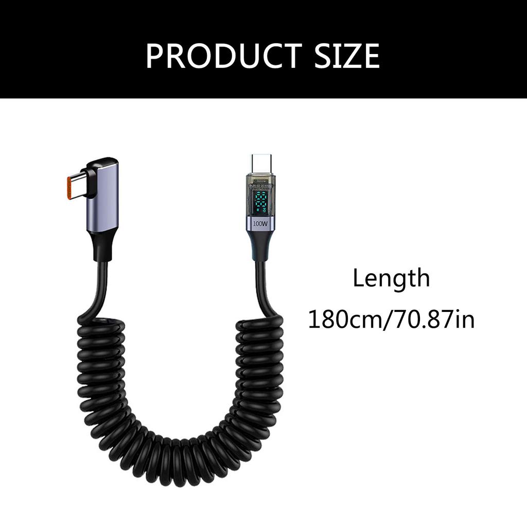 USB Type C Spring Data Cord 90 Degree Elbow PD100W Fast Charging Cable with Digital Display for Laptops Tablets Phones