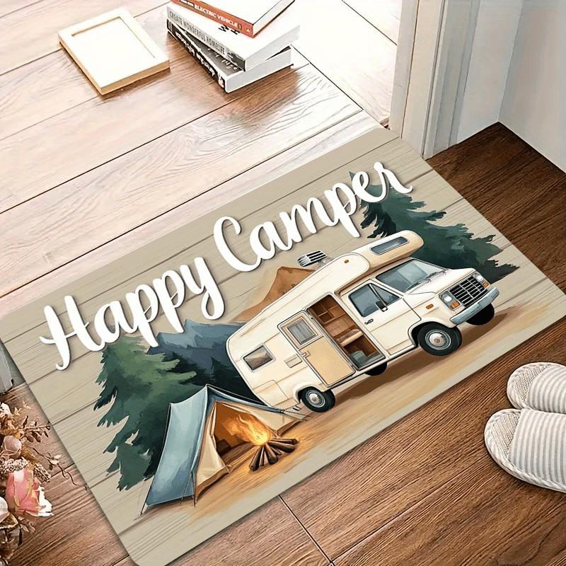 VIKAMA Happy Camper RV Camping Doormat Vintage Camper Van Tent Pine Tree Print Non‑slip Absorbent Floor Mat For Front Door Rug