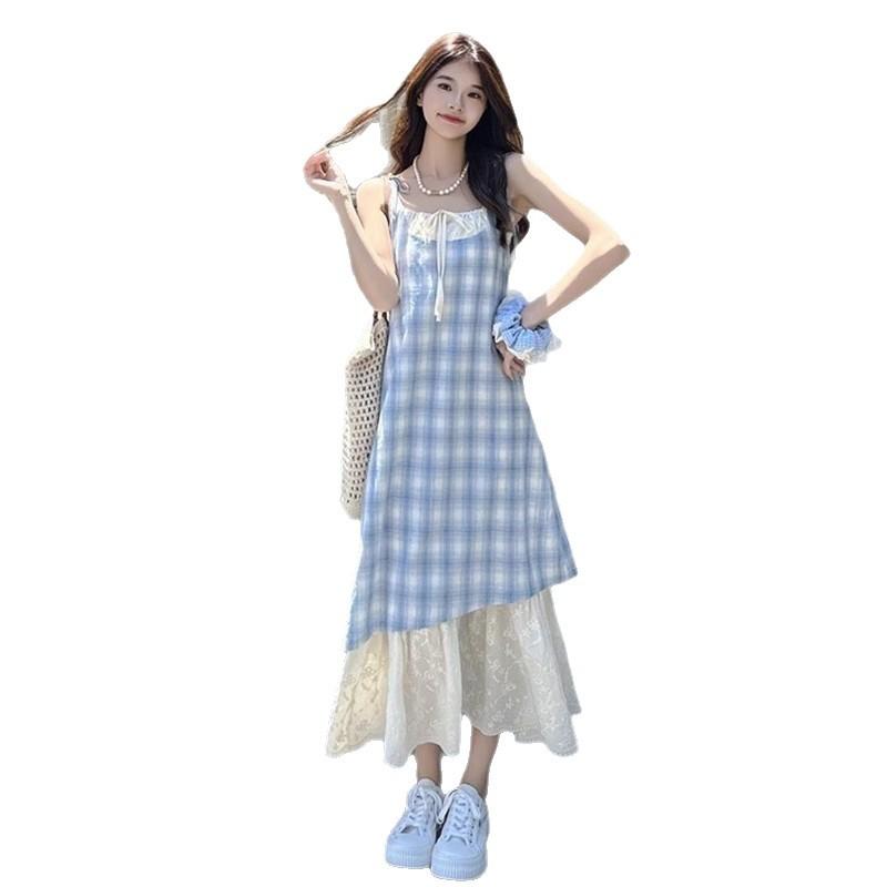 Holiday style lace-up plaid suspender dress women's summer new fake two-piece contrasting color splicing temperament A-word long dress
