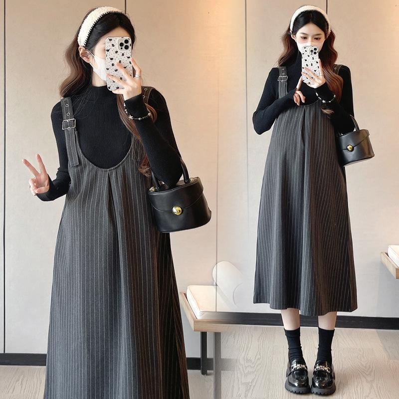 Autumn/Winter Korean Striped Woolen Maternity Overalls Dress with Sweater XL