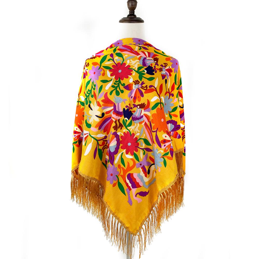 135*135Cm Russian Spain Square Scarf Women Flowers And Birds Bandana Fringed Shawl Babushka Handkerchief Female Head Wraps