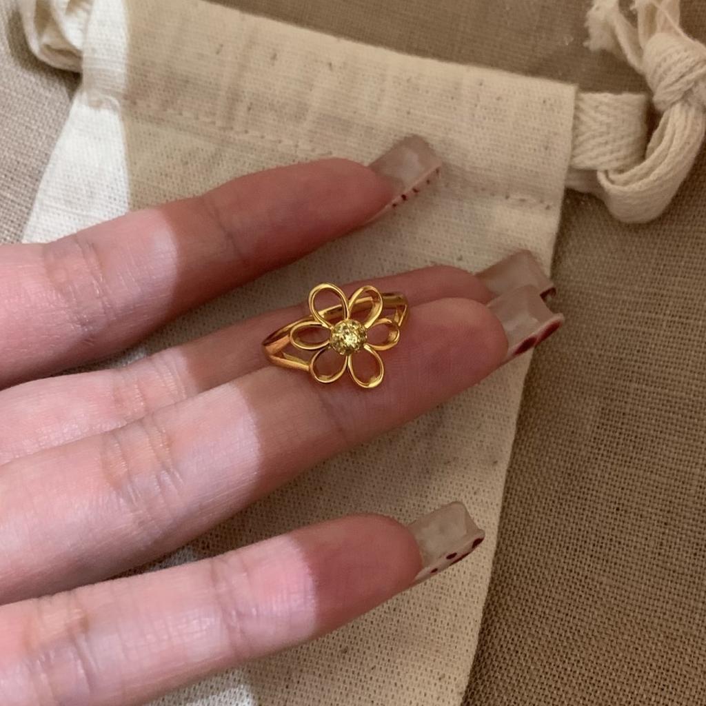 PANJBJ 925 Sterling Silver Golden Flower Rings for Women Openwork Sweet Romantic Office Jewelry Gift Prevent Allergy Dropship
