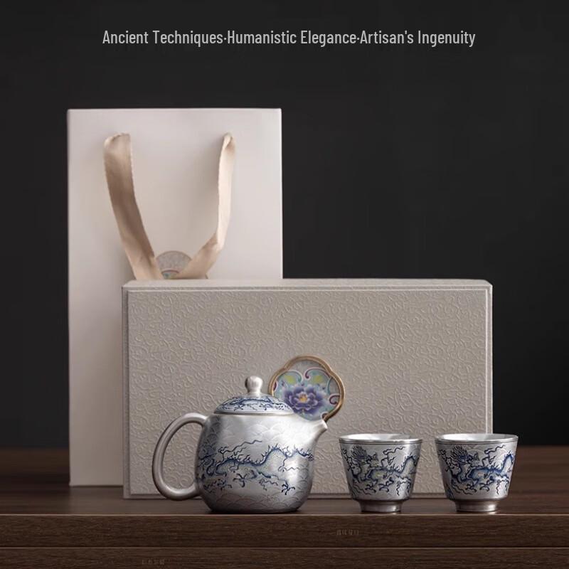 Gilded Silver Blue-and-White Dragon Tea Set