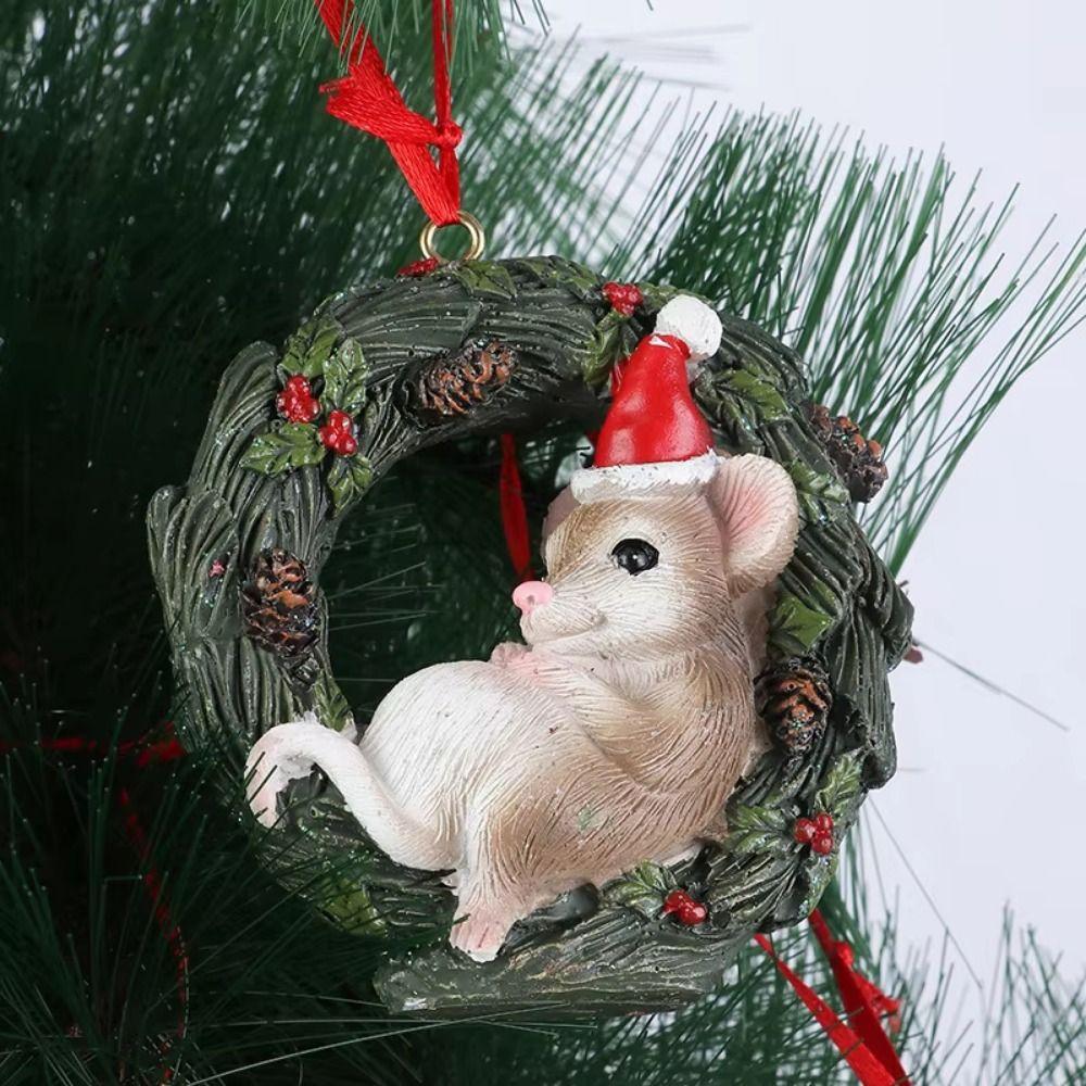 Resin Crafts Christmas Tree Pendant Cartoon Animals Mini Bear Statue Wreath  Room Decoration